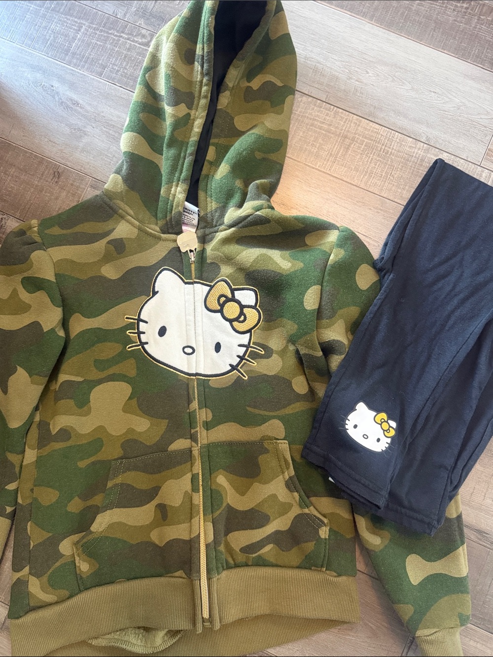 Hello Kitty Green Camo Zip Hoodie and Black Leggings Set